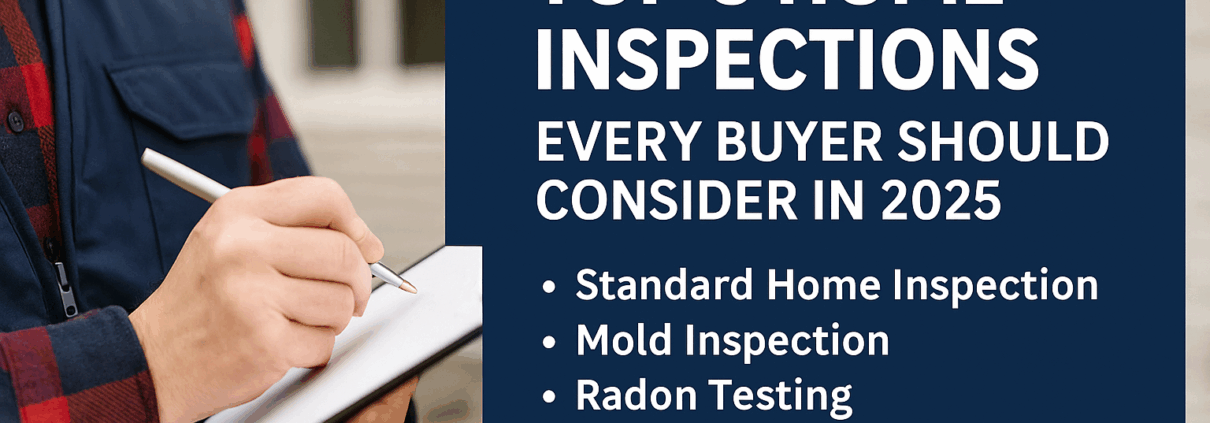 Top 5 home inspections for buyers in 2025 with icons of a house, checklist, and inspection tools.