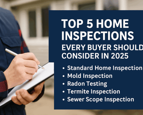 Top 5 home inspections for buyers in 2025 with icons of a house, checklist, and inspection tools.