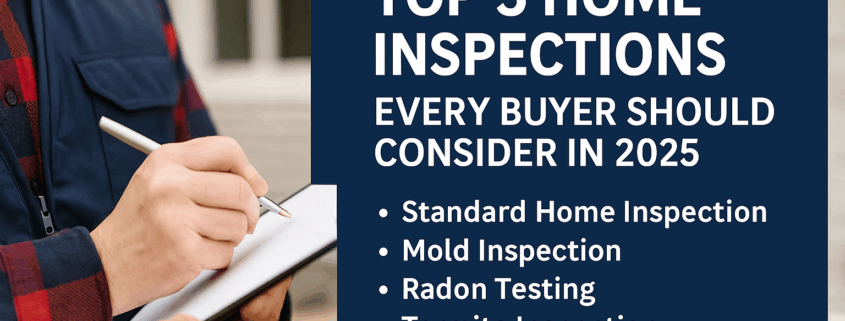 Top 5 home inspections for buyers in 2025 with icons of a house, checklist, and inspection tools.
